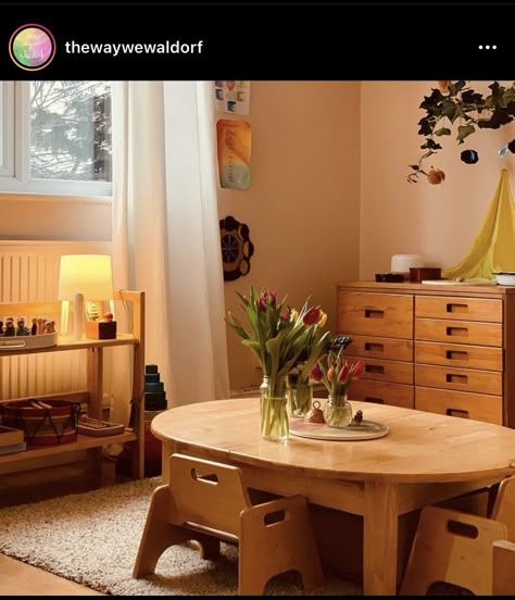 Hybrid Homeschool, Waldorf Bedroom, Ikea Storage Units, Vintage Playroom, Waldorf Playroom, Nursery Makeover, Family Dining Room, Family Dining Rooms, White Desk