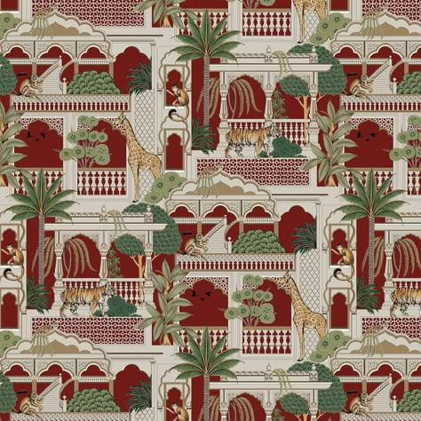 Inspired by the ruins of an Indian temple in the jungle this paper features monkeys giraffes and tigers which are seen roaming through beautiful botanicals and architecture. Shown here in the alizarin colourway  other colourways available. Indian Temple Wallpaper, Indian Inspired Wallpaper, Mughal Aesthetic, Dune Architecture, Ramadan Art, Indian Wallpaper, Circus Wallpaper, Granny Chic Decor, Unusual Wallpaper