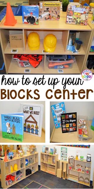 How to Set Up the Blocks Center in an Early Childhood Classroom - Pocket of Preschool Block Corner Ideas, Classroom Sign Out Board, Block Corner Ideas Preschool, Construction Props, Block Center Preschool, Blocks Center, Preschool Classroom Setup, Pocket Of Preschool, Preschool Room