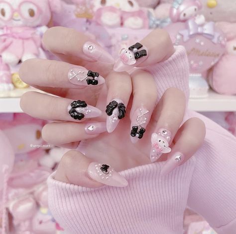 Jirai Nails, Cutecore Nails, Jirai Kei Nails, My Melody Theme, My Melody Nails, Jirai Kei, Short Nails Art, Pretty Gel Nails, Really Cute Nails