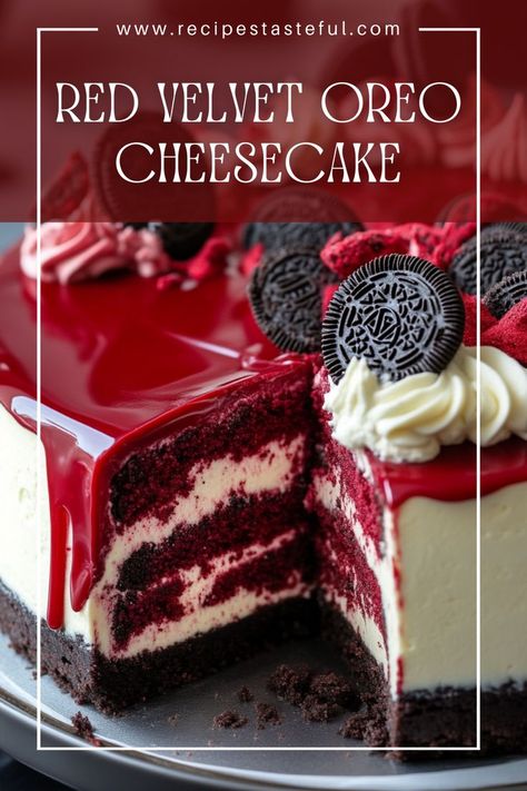 This stunning Red Velvet Oreo Cheesecake combines the rich, velvety flavors of red velvet cake with a crunchy Oreo crust. Topped with whipped cream and more Oreos, it’s the perfect dessert for special occasions or any time you crave something decadent! Red Velvet Cheesecake With Oreo Crust, Red Velvet Cookie Dough Cheesecake, Red Velvet Oreo Cheesecake Recipes, Oreo Christmas Cheesecake, Christmas Oreo Desserts, Red Velvet Christmas Desserts, Red Velvet Strawberry Cheesecake, Red Velvet Cheesecake Bars, Red Velvet Oreo Cheesecake