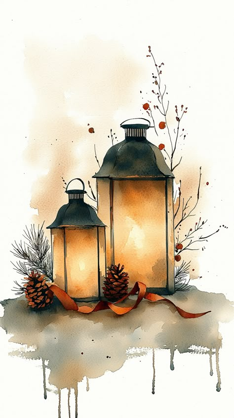 Charming little Christmas lantern glowing softly in the snow, adorned with red ribbons and pine cones, evoking a warm and inviting holiday spirit. Christmas Lantern Ideas, Winter Scene Paintings, Painted Christmas Cards, Lantern Art, Watercolor Art Diy, Lantern Ideas, Christmas Lantern, Wallpaper Christmas, Winter Watercolor