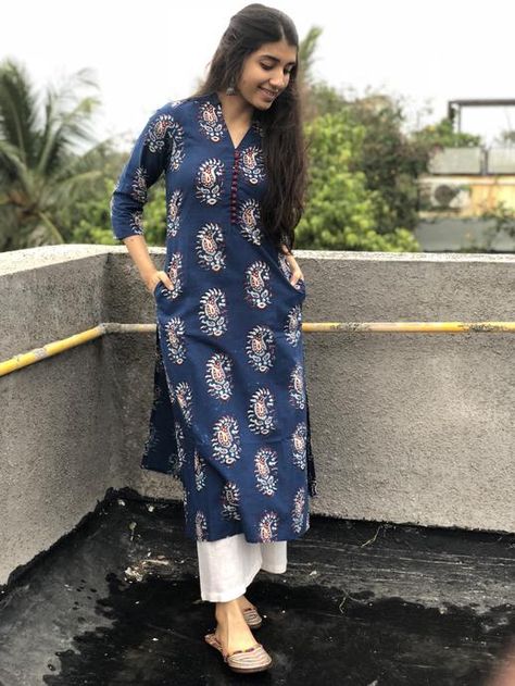 Indigo Paisley Potli Button Kurta Long Kurti Designs Unique, Kurtis With Jeans, Potli Button, Stylish Kurtis Design, New Kurti Designs, Kurta Patterns, Simple Kurta Designs, Simple Kurti Designs, Kurti Designs Latest