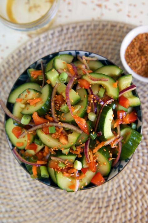 Asian Cucumber Salad - The Suburban Soapbox Asian Inspired Salad, Asian Cucumber Salad, Creamy Chicken And Rice, Cauliflower Casserole, Best Salad Recipes, Dinner Side Dishes, Carrot Salad, Low Sodium Soy Sauce, Dessert Salads