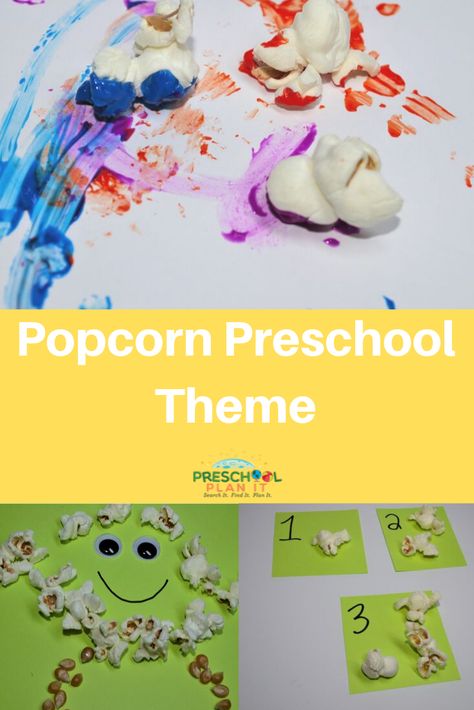 Yum! Did someone say Popcorn!? Yep, this is a tasty popcorn preschool theme! P Is For Popcorn Preschool, Movie Theme Preschool, Popcorn Activity For Preschool, Popcorn Art Preschool, Popcorn Preschool Activities, Popcorn Crafts Preschool, Popcorn Five Senses Preschool, Popcorn Song Preschool, Popcorn Counting Preschool