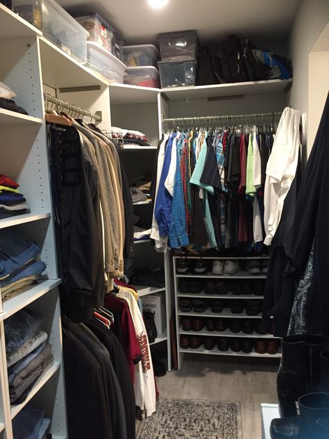 We love our new walk-in closet! The storage is just what we needed! Closet Full Of Clothes Men, Organized Closet Aesthetic Walk In, Organized Closet Men, Mens Closet Aesthetic, Man Walk In Closet, Grunge Walk In Closet, Men Closet Aesthetic, Men Walk In Closet, Mens Wardrobe Closet