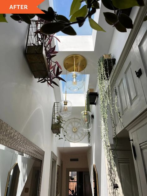 Hallway Redo with Skylight - Before and After Photos | Apartment Therapy Leafy Wallpapers, Adding Skylights, Plant Studio, White Hallway, Handmade Wooden Bowls, Gold Light Fixture, Skylight Window, Dark Hallway, Palm Leaf Wallpaper