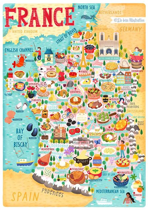 Beautiful France Food Map Illustration Wall Art created by Illustrator Liv Wan. Map Art Projects, Map Of France, Food Map, Map Illustration, Gift Poster, Visit France, Voyage Europe, France Map, Illustration Wall Art