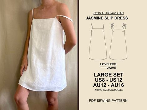 Jasmine Linen Dress Digital Sewing Pattern Large Set: Sizes - Etsy Easy Slip Dress Pattern, Cami Dress Pattern Free Sewing, Linen Slip Dress Pattern, Free Pattern Slip Dress, Sicily Slip Dress Pattern, Rolled Hem, Brocade Fabric, Square Necklines, Dress Sewing Pattern