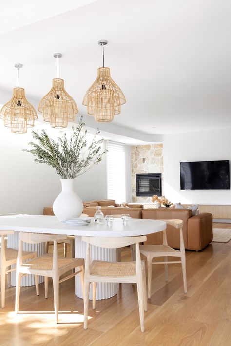 Dining room with 3 statement pendant lights | Scandi-Med home tour Space Photoshoot, Mediterranean Holiday, Grey Wall Tiles, Modern Mediterranean, Coastal Dining, Brisbane City, Holiday Vibes, White Laminate, Scandi Style