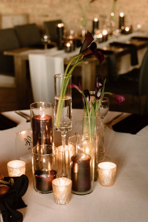 Moody Speakeasy Wedding, Moody September Wedding, Moody Wedding Centerpieces Diy, Minimalist Moody Wedding, Simple Moody Wedding Centerpieces, Dark Wedding Centerpieces Diy, Moody Wedding Centerpieces Round Table, Moody Minimalist Wedding, Moody Glam Wedding