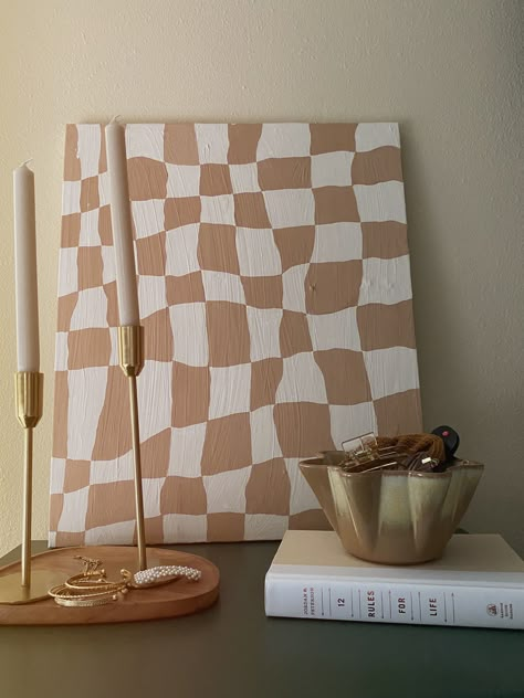 neutral checkerboard painting canvas neutral aesthetic Aztec home dupe psychedelic art vintage bowl brass candle holder style desk Plaid Canvas Painting, Neutral Canvas Painting Diy, Square Canvas Acrylic Painting, Checkerboard Painting Ideas, Checkered Painting Ideas Canvas, Canvas Painting Trendy, Trendy Canvas Painting Ideas, Checkered Canvas Painting, Diy Home Paintings Canvas