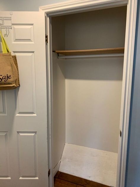 Since recently updating our entryway I thought it was time to also update our entryway coat closet. This project definitely made our small closet more functional without spending any additional money as we used all items we had on hand! This is the before picture. As you can see there is not a lot of storage area for shoes, etc. Time to add some DIY shelving with reclaimed wood we had on hand. Add Bracing First step we did was measure the areA we wanted to add a bottom shelf to.… Diy Entryway Closet, Front Closet Makeover, Hall Closet Ideas, Small Entryway Closet, Entryway Coat Closet, Small Entry Closet, Hall Closet Makeover, Entry Closet Makeover, Entry Closet Ideas