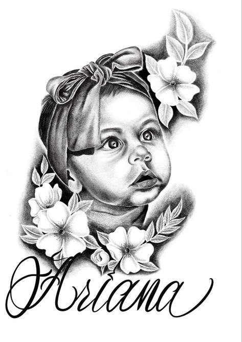 Portrait of my daughter using procreate Portrait Tattoo Background Ideas, Kids Portrait Tattoo, Daughter Portrait Tattoo, Baby Portrait Tattoo, Face Portrait Tattoo, Potrait Tattoo, Arm Tattos, Portrait Tattoo Sleeve, Procreate Tattoo