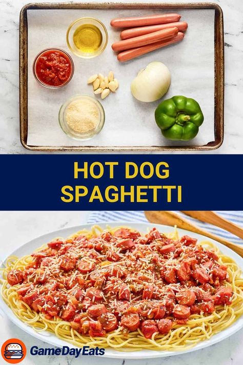 Looking for a fun and easy meal that’s great for a weeknight or game day? Try this Hot Dog Spaghetti! With a flavorful combination of tender spaghetti noodles, savory hot dogs, and a rich sauce, this dish is sure to be a hit. Sautéed onions and green bell peppers add a touch of freshness, while a sprinkle of Parmesan cheese on top makes it irresistible. Perfect for feeding a crowd and bringing on smiles. Check out the full recipe and find out how to make spaghetti with hot dogs! Hot Dogs And Spaghetti, Basic Pasta Sauce, Hot Dog Pasta, Hot Dog Spaghetti, Hot Dog Casserole, Recipe For Spaghetti, Spaghetti Ingredients, Hot Dog Sauce, Sautéed Onions