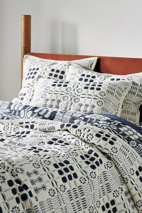 Perfectly balancing elegance and comfort, the Veda Matelassé collection showcases intricate textures and sophisticated patterns, ideal for creating a cozy yet stylish bedroom retreat. Looking for the sweetest of dreams? Read our guide to find the perfect bedding for you, and learn how to care for it season after season. | Veda Matelassé Coverletu200b by Anthropologie in Blue, Size: QN TOP/BED, Polyester/Cotton/Tin Anthropologie Bedroom Bedding, Anthropology Bedding, Southwest Bedding, Anthropologie Bedroom, Modern Comforter Sets, Sophisticated Patterns, Bedroom Board, Flannel Duvet Cover, Cream Bedding