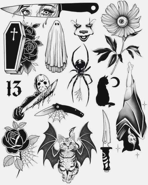 3x3 Tattoos, 3x3 Tattoos Ideas, Halloween Tattoo Flash, Timeless Tattoo, Goth Tattoo, Tattoo Outline Drawing, Omerta Tattoo, Scary Tattoos, Flash Tattoo Designs