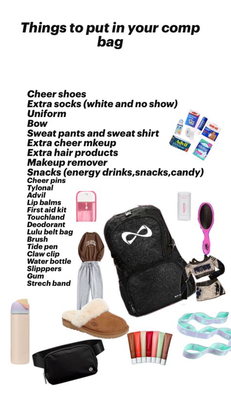 What To Keep In Cheer Bag, What’s In My Cheer Bag, Cheer Baskets, Cheer Bag Essentials, Cheer Bag, Cheer Shoes, Competitive Cheer, Sports Bags, Dance Bag