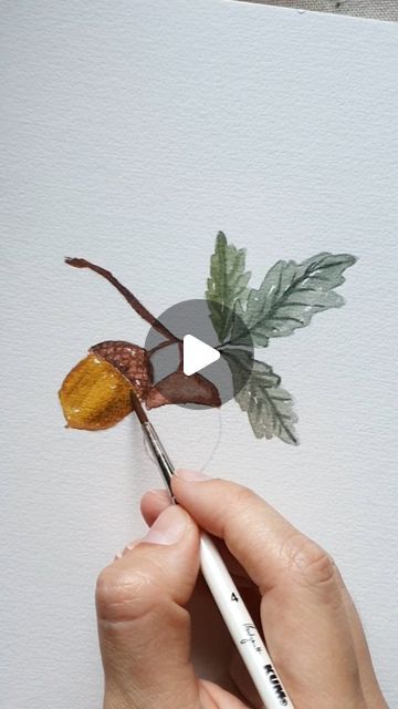 Autumnal Watercolour Painting, Acorn Watercolor Paintings, Fall Watercolor Tutorial Videos, Fall Watercolor Ideas For Beginners, Watercolour How To, Watercolour Acorn, Fall Watercolor Flowers, Fall Watercolor Tutorial, Easy Fall Watercolor Paintings