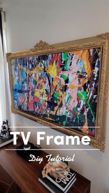 Ornate Tv Frame, Diy Ornate Picture Frames, Gold Frame Around Tv, Framing A Tv On The Wall, Gold Framed Tv, Frame Around Tv On Wall, How To Frame A Tv, Diy Tv Picture Frame, Diy Ornate Frame