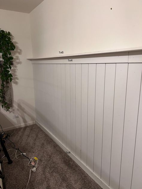 #homeimprovement #wainscoting #interiordesign #homedecor #diyprojects #renovation #decoratingideas #woodworking #architecture #homestyle Vertical Shiplap Half Wall With Shelf, Shiplap Wainscoting Bedroom, Easy Panel Wall, Half Shiplap Wall Dining Room, Tongue And Groove Walls Bedroom, Vj Panelling Bedroom Half Wall, Half Shiplap Wall Bedroom, Vertical Shiplap Entryway, Shiplap Wall With Shelf