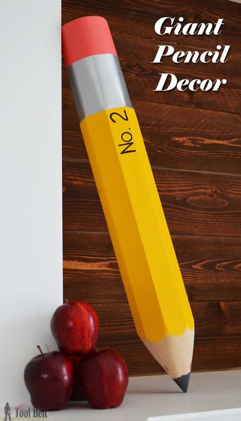 Giant pencil decoration perfect for your classroom, playroom or for your favorite budding writer. Made from a simple 4x4 piece of wood. Pencil Decoration, Giant Pencil, Wood Projects For Kids, Wood Crafting, Diy Pencil, Back To School Crafts, Back To School Party, Wood Crafts Diy, Tool Belt