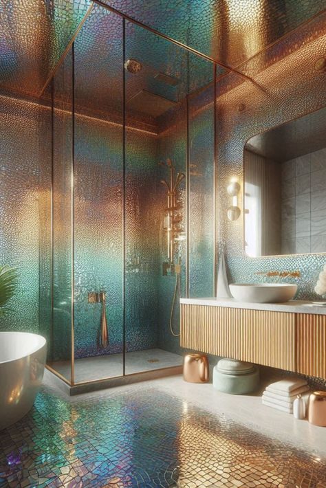 Transform your shower into a magical oasis with these shimmering iridescent glass tiles. Catch the light and your imagination! #IridescentTiles #GlassTiles Iridescent Bathroom, Vegas House, Glass Tile Bathroom, Iridescent Glass Tiles, Tiles Ideas, Bathroom Tiles, Glass Tiles, Glass Tile, Tile Bathroom