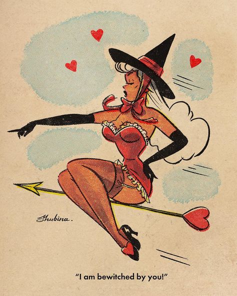 Sveta Shubina, Halloween Pin Up, Arte Pin Up, Vintage Halloween Art, Vintage Cartoons, Pinup Art, Halloween Cartoons, Arte Inspo, Witch Art