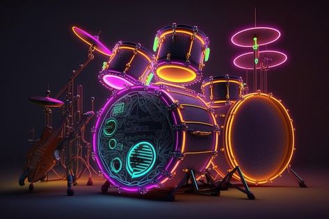 Drum set with neon glowing image ai gene... | Premium Photo #Freepik #photo #club-background #neon-music #neon-stage #neon-room Neon Music Studio, Rock Stage Design, Learn Drums, Led Stage Lights, Drum Notes, Rock Fest, Best Drums, Trumpet Sheet Music, Drum Solo