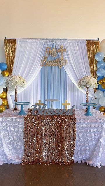 Grace Crump Events & Decor LLC on Instagram Bautismo Ideas Decoration, Baptismal Backdrop Girl, Light Blue Quinceanera Decorations Main Table, Main Table Quinceanera Blue, Quince Main Table Ideas Blue, Baptismal Decorations Boy Backdrops, Prince Birthday Party, Communion Decorations, Quince Decorations