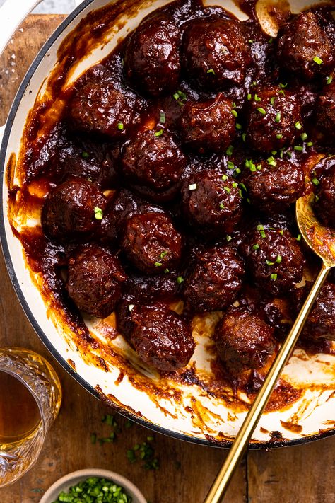 Food With Bourbon, Bison Dip Recipe, Boozy Dinner Recipes, Venison Bbq Meatballs, Bison Appetizers, Recipes With Bison Meat, Buffalo Recipes Meat, Bison Meatball Recipes, Bison Dinner Recipes