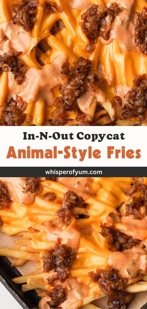 Animal style fries, in-n-out copycat. Shoe-string fries topped with melted American cheese, in-n-out sauce, caramelized onions In N Out Burger Animal Style Fries, Copycat In N Out Grilled Onions, Fast Food At Home Recipes, In And Out, In And Out Sauce, Fast Food Copycat, In N Out Sauce, Fries At Home, Animal Style Fries