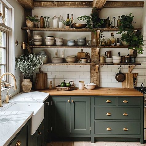 Mastering the Art of Dark Green Interior Design • 333+ Art Images Green Cottage Interior Design, Kitchen Design Dark Green, Floating Kitchen Counter, Dark Green Wood Kitchen, Green And Gold Kitchen Ideas, Studio Green Kitchen, Black Green Kitchen, Dark Green Interior Design, Kitchen Aesthetic Green