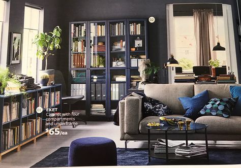 Ikea Eket Hack, Dark Blue Rooms, Home Library Design Ideas, Ikea Eket, Ikea Inspiration, Minimal Scandinavian, Ikea Catalog, Ikea Living Room, Living Room Plants