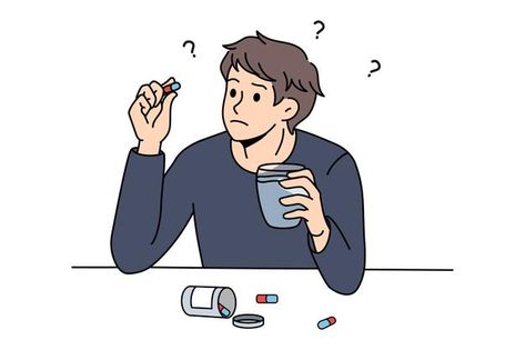 Confused man think of taking pills | Premium Vector #Freepik #vector #people #medical #man #character Medicine Illustration, Hospital Workers, Man Vector, Vector People, Counseling Psychology, Man Illustration, Cartoon People, Man Sitting, Man Character