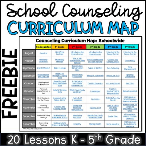 School Counseling Curriculum Map FREEBIE - Shop The Responsive Counselor School Counselor Organization, Elementary School Counseling Lessons, School Counselor Lessons, Middle School Counselor, Curriculum Map, School Guidance Counselor, School Counselor Resources, School Counseling Office, School Counseling Activities