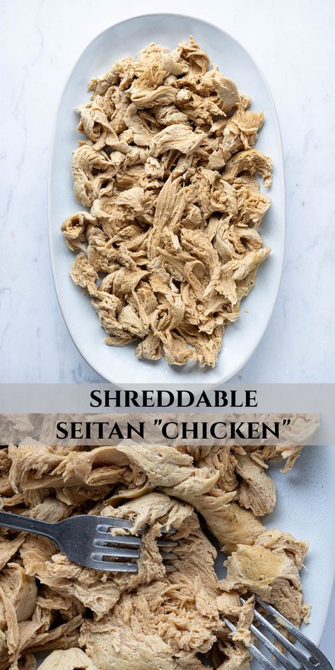 How to make shreddable seitan chicken - this incredible slow cooker vegan chicken-style seitan is shreddable, with a meaty texture and delicious flavour.    It is really versatile - use it in place of chicken in all your favourite recipes. Vegan Chicken Recipes, Slow Cooker Vegan, Seitan Chicken, Vegan Meat Recipe, Vegan Crockpot Recipes, Vegan Fried Chicken, Vegan Crockpot, Seitan Recipes, Vegan Substitutes