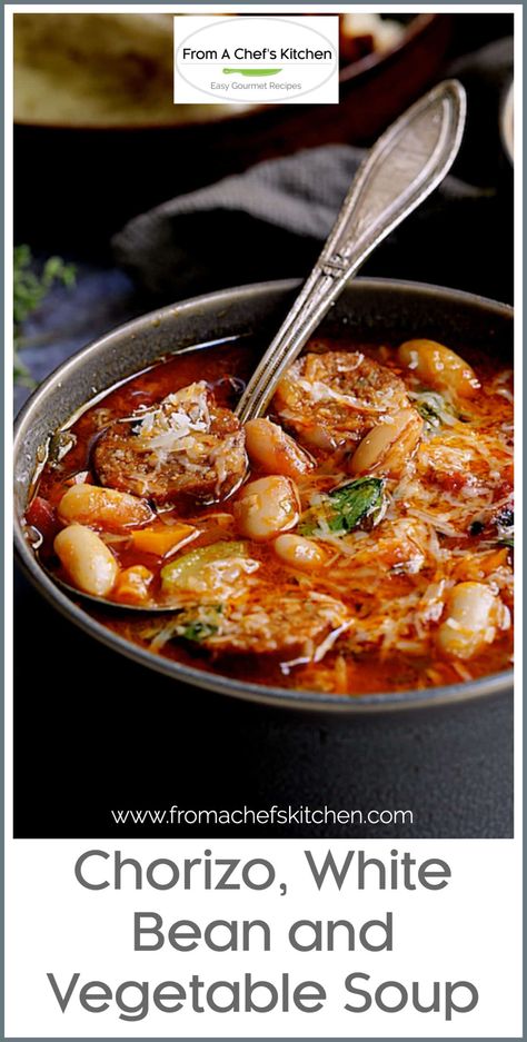 Nutritious Soups, Chorizo Soup Recipes, Bean Vegetable Soup, Soup With White Beans, Chorizo Soup, East Recipes, Bean And Vegetable Soup, Sausage Crockpot, Broth Soup