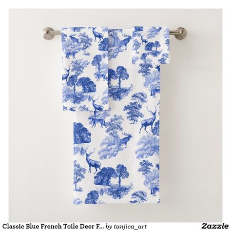 Classic Blue French Toile Deer Forest Countryside Bath Towel Set Chinoiserie Bathroom Decor, French Bathroom Decor Vintage, 2024 Bathroom, Floral Bath Towels, Blue Bath Towels, Grey Bath Towels, Patterned Bath Towels, Floral Toile, House Dream