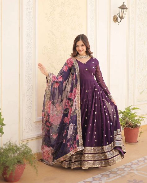 Namaste! ✨️ Step into elegance with the Lashika Purple Georgette Anarkali Gown Set. Ideal for any special occasion, this exquisite gown radiates sophistication and charm. Shop now at www.trinaari.in and use code FIRST05 for an extra 5% off on your first order. Offer valid till 18th July! Product Name: Lashika Georgette Anarkali Gown Set To explore our collection visit our website www.trinaari.in #SundarNaariWithTrinaari #weddingwear #designersuit #weddinglehenga #designersuit #blousedesig... Purple Anarkali, Women Long Gown, Indian Gown, Indian Anarkali, Gown With Dupatta, Lehenga Choli Wedding, Bollywood Dress, Party Wear Gown, Exquisite Gowns