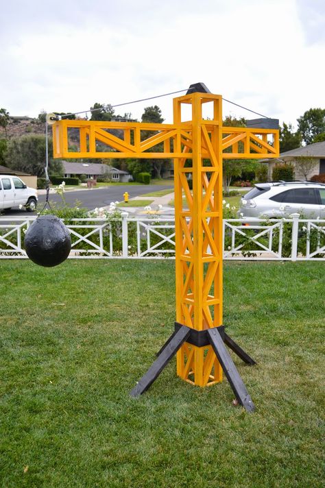 Construction Theme Birthday Party Wrecking Ball, Wrecking Ball Construction Party, Wrecking Ball Game Construction Party, Diy Crane Construction, Crane Birthday Party, Wrecking Ball Pinata, Construction Pinata Diy, Construction Piñata, Concrete And Cranes Vbs Decorations