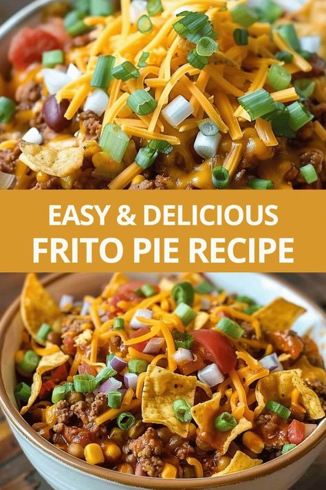 Frito Pie Recipe Best Frito Chili Pie Recipe, Bbq Frito Pie, Fritos Pie Recipe, Frito Pie Casserole Easy, Best Frito Pie Recipe, Frito Bowls, Fritos Cowboy Cabbage, Frito Boats Recipes, Frito Pie Recipe With Canned Chili