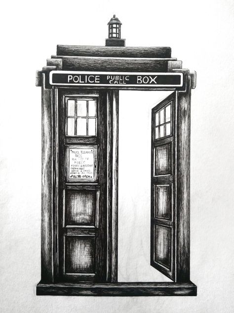 Tardis pen drawing Tardis Drawing, Doctor Who Drawings, Scifi Artwork, Doctor Who Fan Art, Creative T Shirt Design, Doctor Who Tardis, White Tattoo, Black And White Illustration, Geek Out