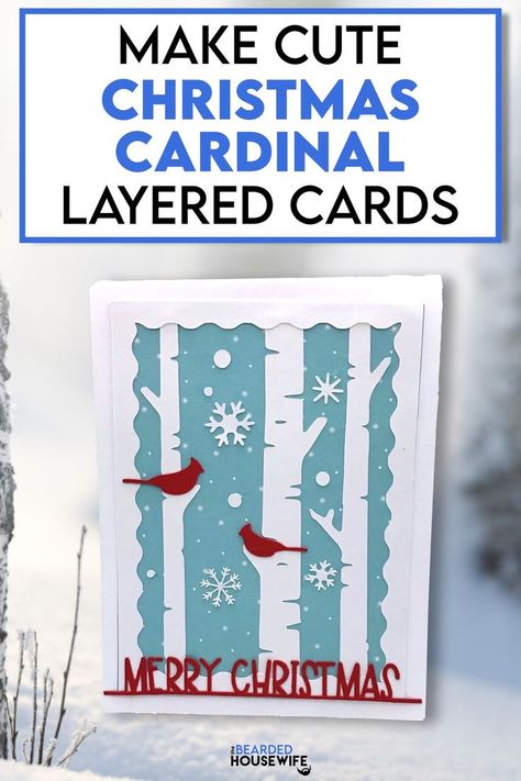 Learn how to make these adorable layered Christmas Cards on your Cricut! Free SVG and full tutorial on my blog! Free Christmas Card Svg, Diy Christmas Cards Cricut, Cardinal Christmas Cards, Cardinal Cards, Free Christmas Card, Christmas Card Svg, Cricut Christmas Cards, Pop Up Christmas Cards, Layered Cards