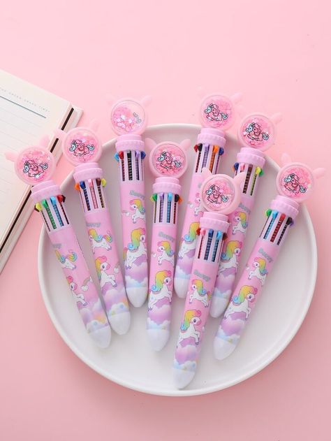 Free Returns ✓ Free Shipping✓. 1pc Cute Unicorn Multicolor Ten-color Ballpoint Pen Cartoon Multicolor Ballpoint Pen 0.5mm Refill- Ballpoint Pens at SHEIN. Pen Cartoon, Pen Cute, Creative Stationery, Unicorn Gifts, Pink Collar, Pink Collars, Small Cat, Girl House, Pen Refills