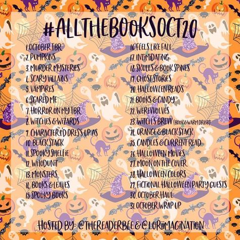 Bookworms & Bookstagrammers!! @loriimagination and I are so excited to share #AlltheBooksOct20 our October Book Challenge!! Its going to be month of spooky fun and wed love for you to join us!! . October is right around the corner Bookworms and its my most favorite time of year! Lori and I have a fun Halloween themed challenge for this month and wed love to see your photos for our prompts! (But you can totally participate even if youre not a Halloween fan!).Why join along?? Book challenges are a Spooky Reading Challenge, Autumn Reading Challenge, October Writing Challenge, October Tbr Template, October Bookstagram Challenge, Book Friends, October Books, Reading List Challenge, List Challenges