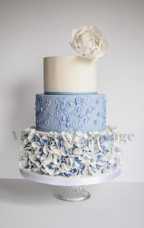 Blue Wedding Cupcakes, Rose Wedding Cake, Blue And White Wedding, 3 Tier Wedding Cakes, Wedding Cake Roses, Ruffle Cake, Wedding Cakes Blue, Blue Cakes, Wedding Cake Inspiration