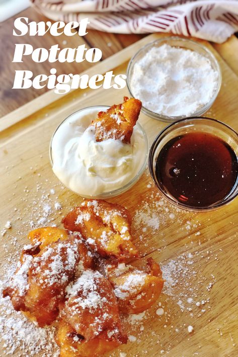 Have some sweet potatoes? Try out this creative recipe to use them! How would you eat these beignets? With powdered sugar, homemade whipped cream, cane syrup gastrique, or all 3...? We make these at Thanksgiving instead of traditional sweet potato dishes and everyone loves them! Check out the recipe on PontchartrainKitchen.com #sweetpotatoes #homemade #beignets #recipe Beignets Easy, Gastrique Recipe, Homemade Beignets, New Orleans Beignets, Cane Syrup, Beignet Recipe, Sweet Potato Dishes, Sweet Potato Souffle, Baker By Nature