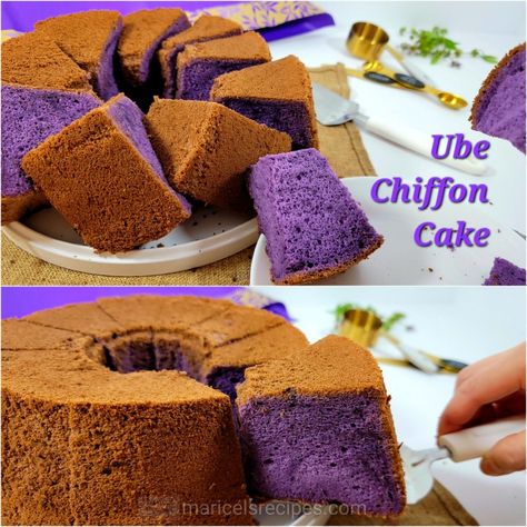 This ube chiffon cake recipe is easy to make. Moist, light, and fluffy sponge cake made of real ube or purple yam. Great to serve for breakfast, snack, or dessert with or without frosting! https://maricelsrecipes.com/ube-chiffon-cake/ Recipe video👇 https://youtu.be/kpuEz11KLgY #UbeChiffonCake #chiffoncake #ubechiffon Ube Sponge Cake Recipe, Ube Cake Recipes, Ube Chiffon Cake Recipe, Ube Chiffon Cake, Cream Of Tartar Substitute, Stabilized Whipped Cream Frosting, Fluffy Sponge Cake, Ube Cake, Chiffon Cake Recipe