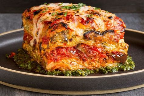 Pesto Ricotta, Roasted Vegetable Lasagna, Crispy Oven Fried Chicken, Puttanesca Sauce, Vegan Lasagna, Green Pesto, Vegan Grilling, Ricotta Recipes, Vegetable Lasagna